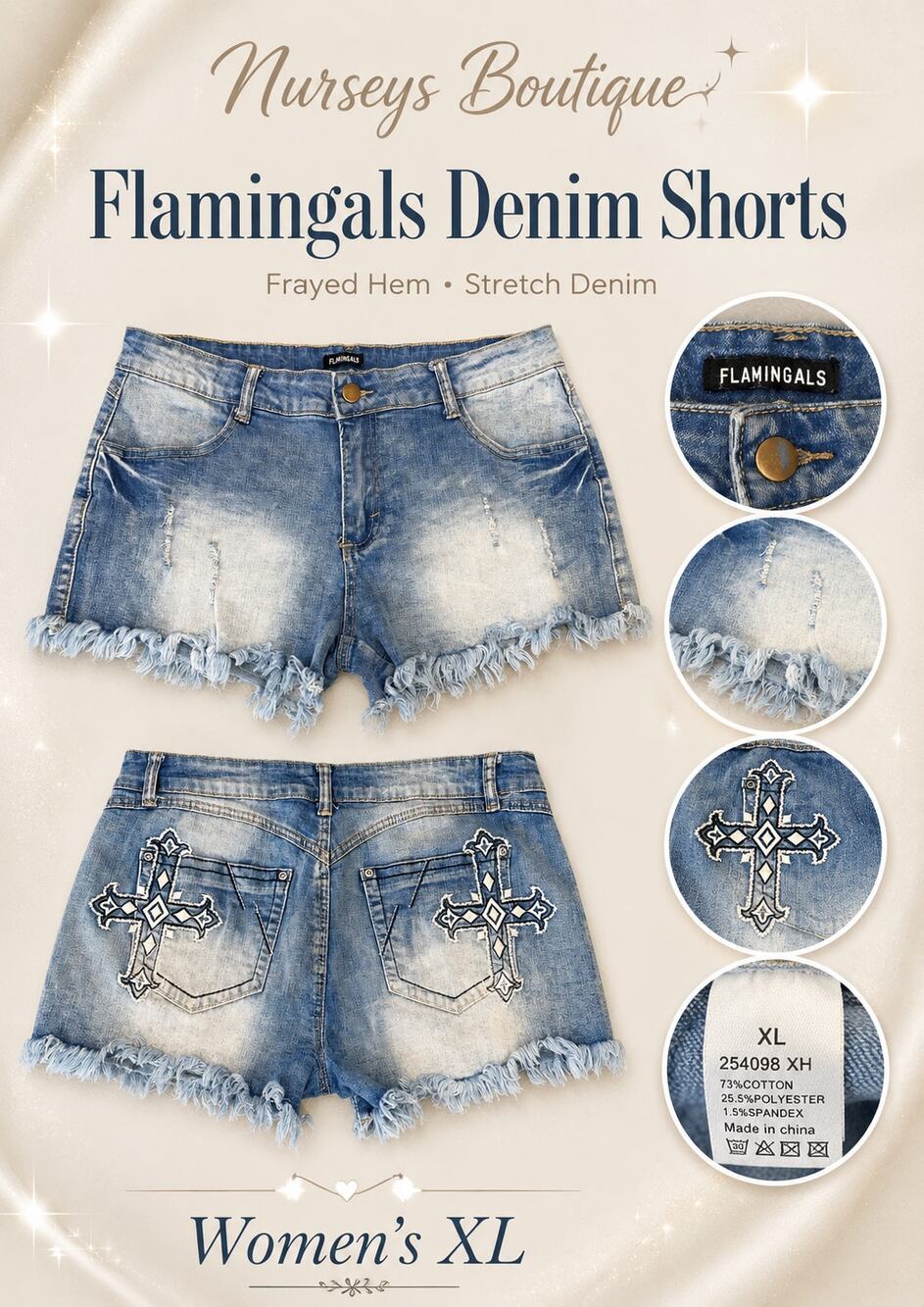 Flamingals XL Distressed Frayed Denim Shorts Cross Pocket Stretch